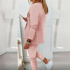 Women’s casual blazer and drawstring pants suit set by FitiqueFit, featuring a notch-lapel blazer and matching relaxed pants.