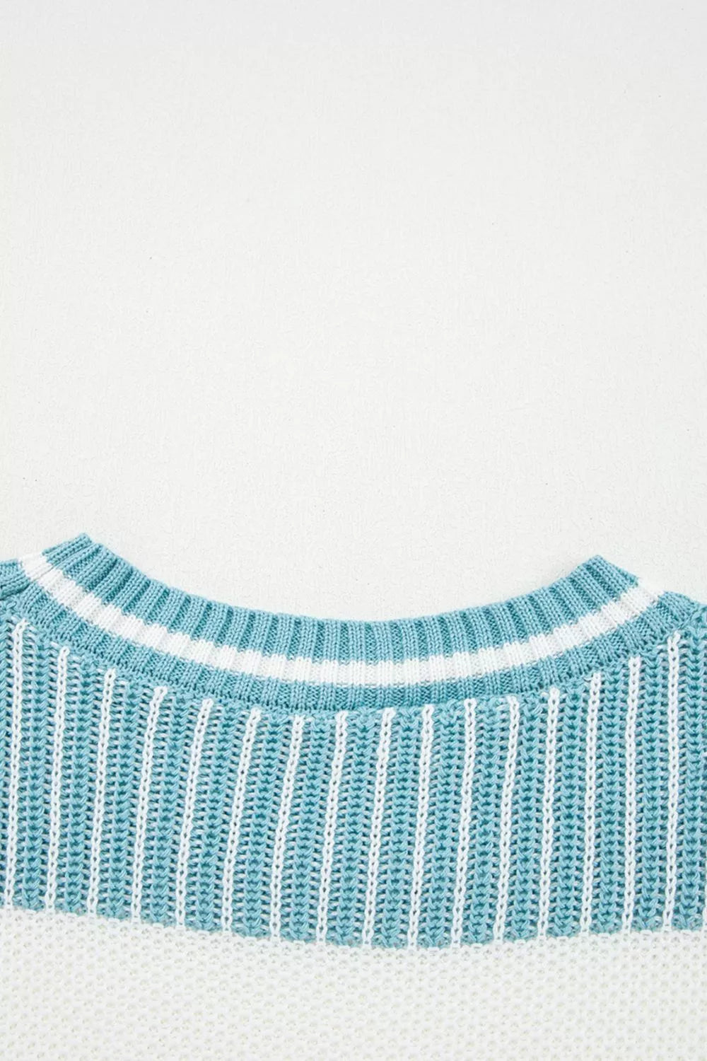 Two-tone striped patchwork drop shoulder loose sweater by Simply Love, featuring a casual, oversized design with mixed patterns and textured fabric.