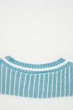 Two-tone striped patchwork drop shoulder loose sweater by Simply Love, featuring a casual, oversized design with mixed patterns and textured fabric.