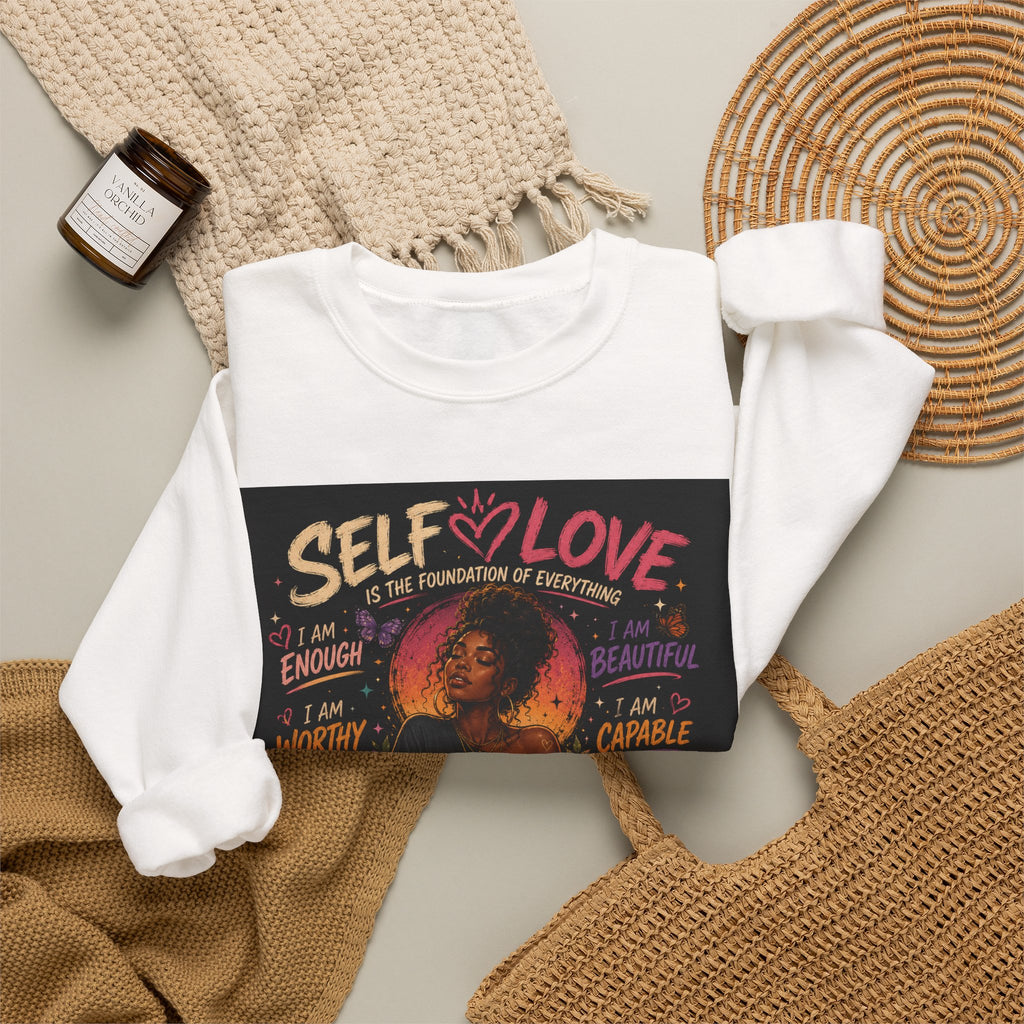 Self Love Crewneck Sweatshirt with empowering graphic design, made by Printify, featuring a comfortable pullover style.