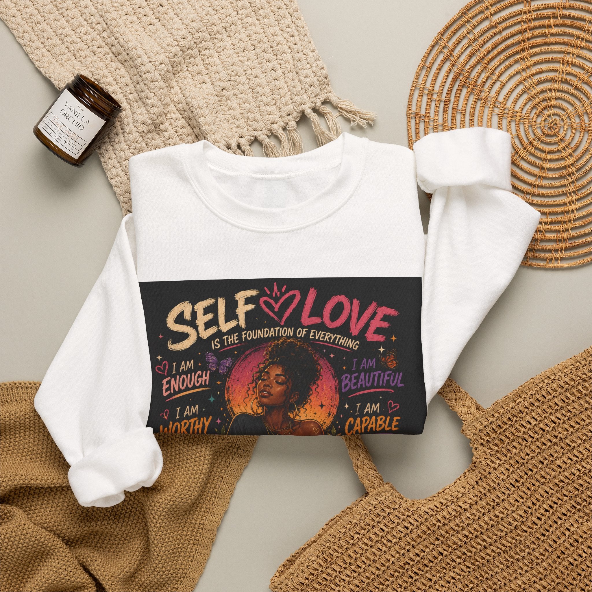 Self Love Crewneck Sweatshirt with empowering graphic design, made by Printify, featuring a comfortable pullover style.