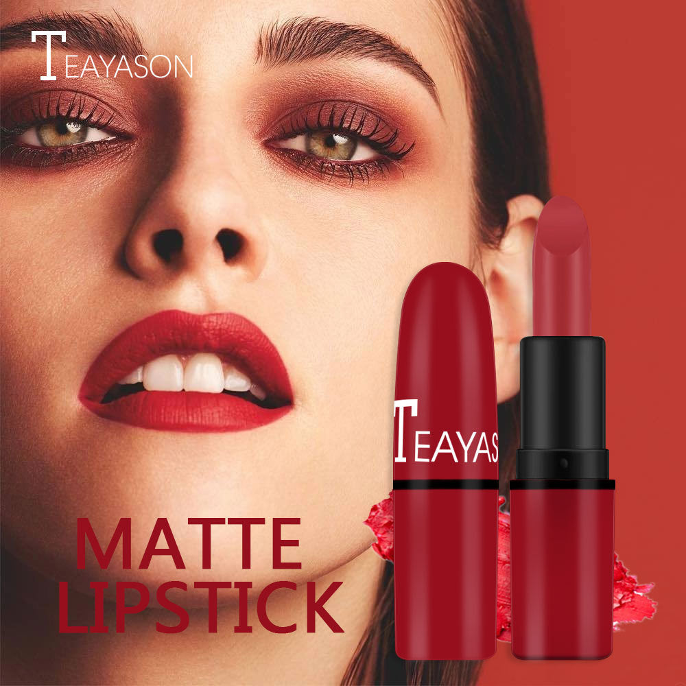 Teayason red matte lipstick in a tube next to a model wearing matching lipstick and eyeshadow.