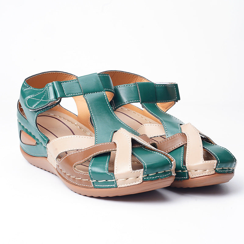 Vintage round toe wedge sandals for ladies with cross buckle detail, from Plush Fashion Hub.