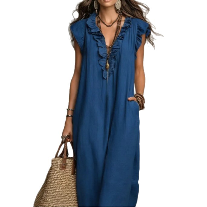 Elegant women's spring summer dress with ruffles and pockets by LadyShow.Store, featuring a flowy design in soft fabric.