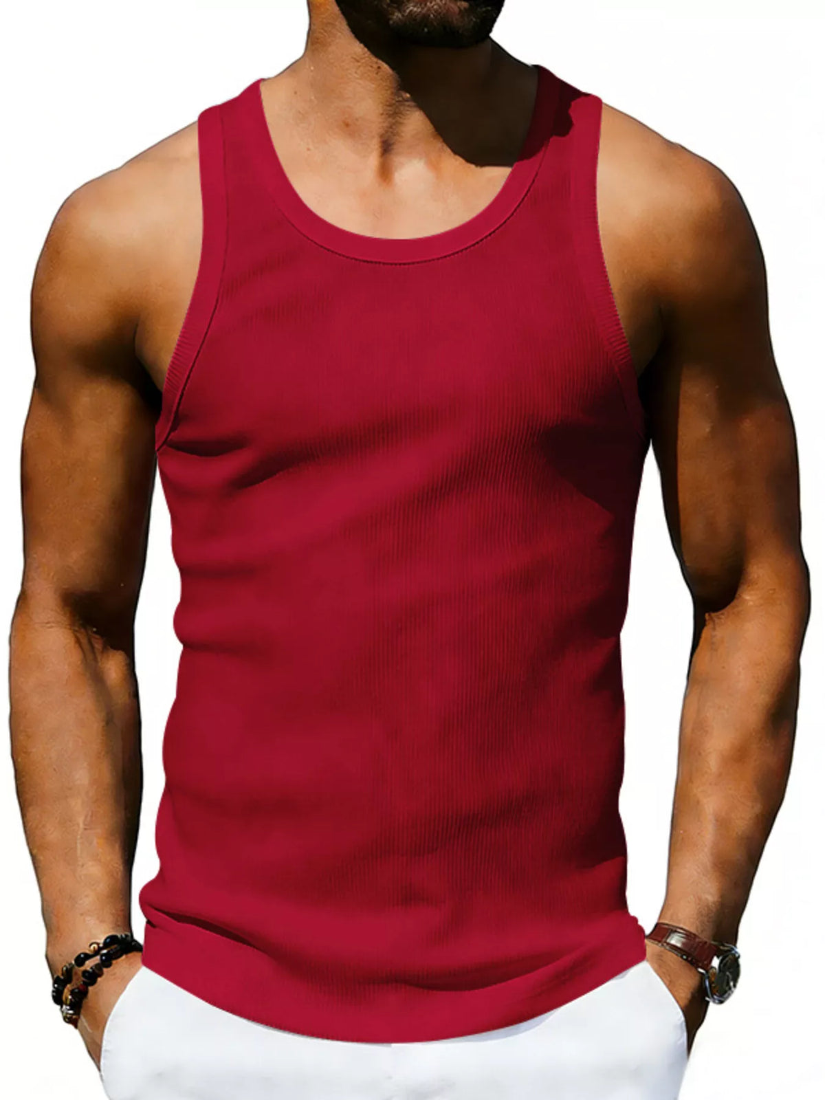 Plus size men's round neck tank top by Plush Fashion Hub, full-length sleeveless shirt in a casual style.