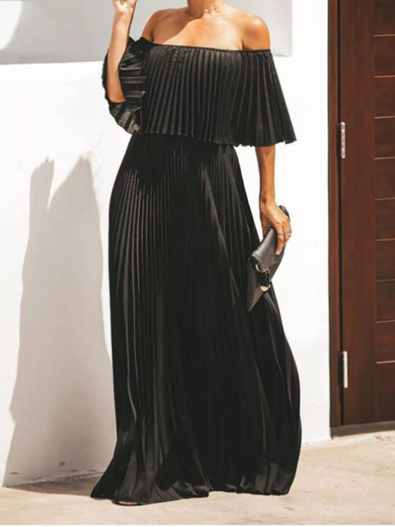 Plus size off-shoulder pleated maxi dress by Shopimist, featuring flowing fabric and elegant design for formal or casual occasions.