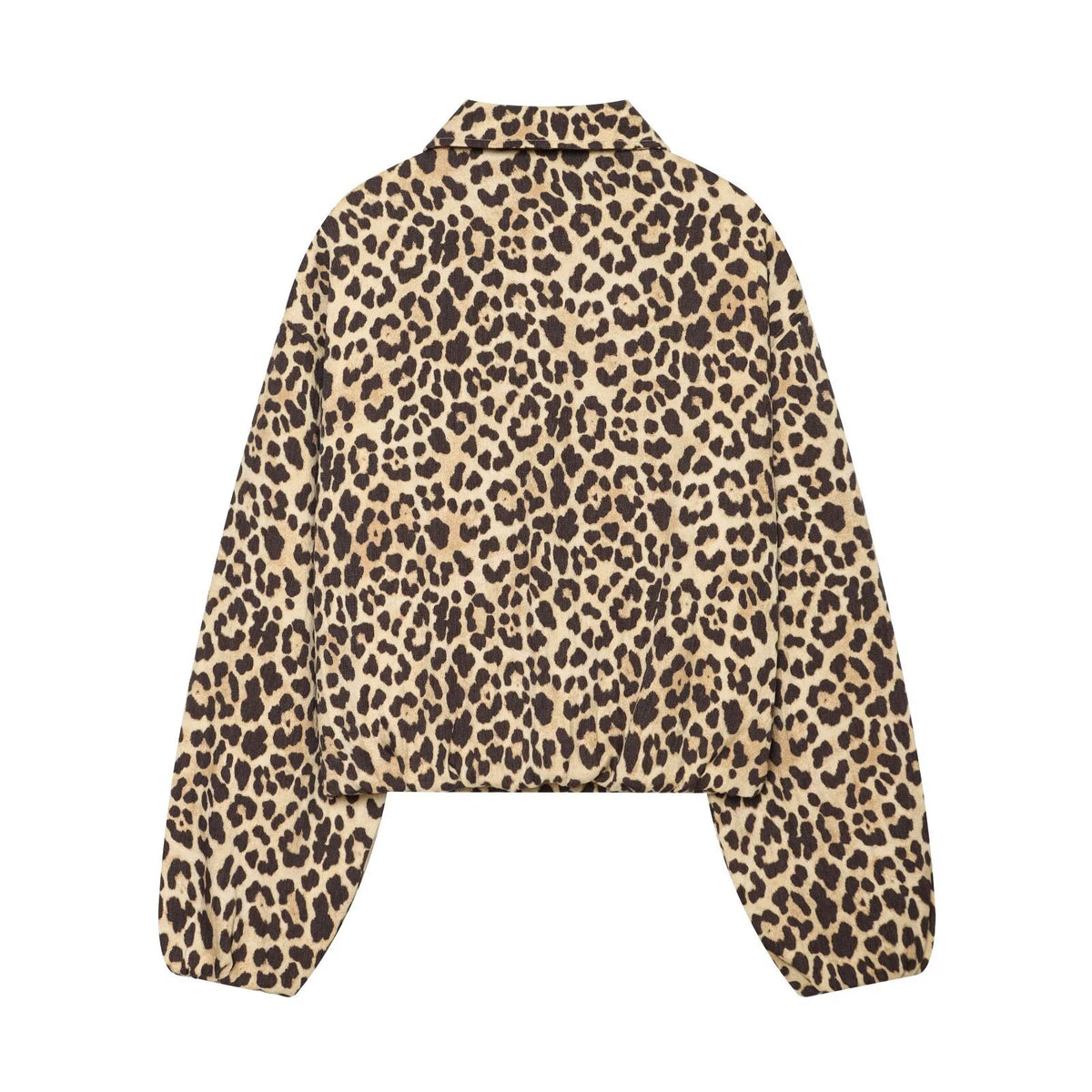 Brown and black leopard print jacket with a collar, long sleeves, and a cinched hem.