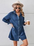 VYSN button-up mini denim dress with flounce sleeves, featuring a classic collar and front buttons, casual and stylish for everyday wear.