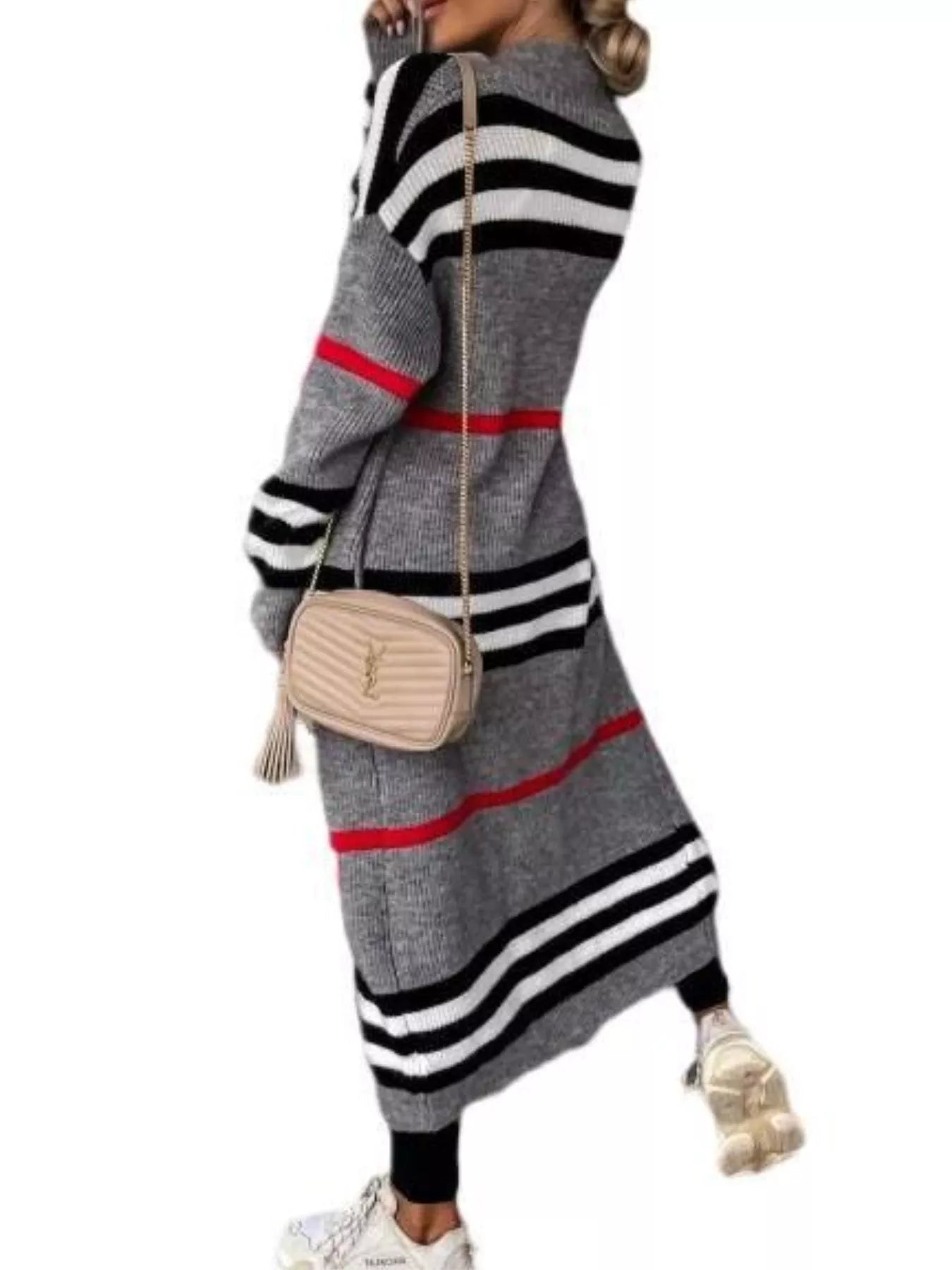 Striped longline open front cardigan by Simply Love, featuring a relaxed fit and lightweight knit, styled with casual wear.