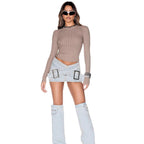 Light blue women's denim mini skirt by FitiqueFit featuring a bodycon fit and cross-over buckle design.