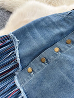 Plus size striped patchwork denim skirt by Plush Fashion Hub, featuring a full-length design with colorful patchwork details.