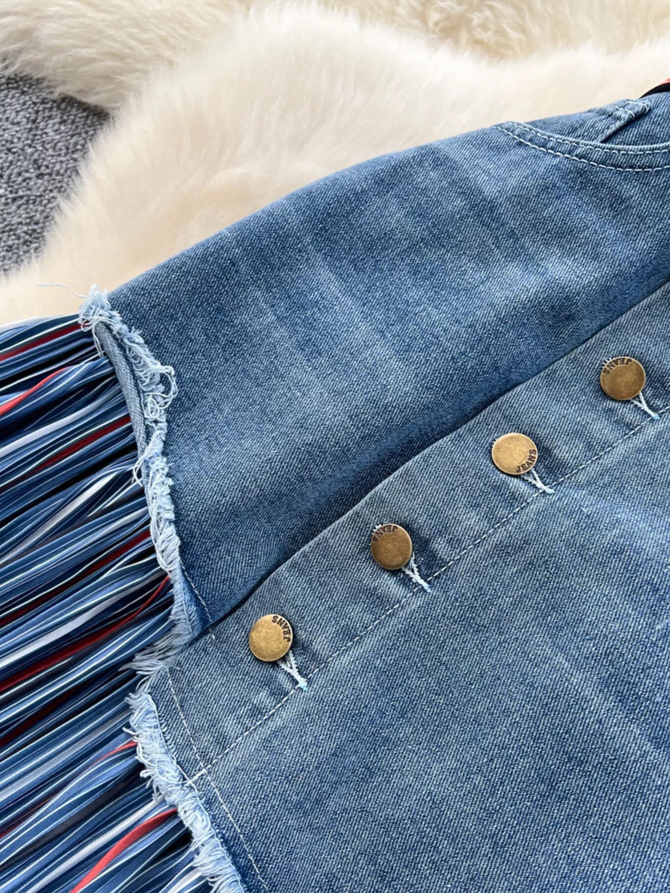 Plus size striped patchwork denim skirt by Plush Fashion Hub, featuring a full-length design with colorful patchwork details.