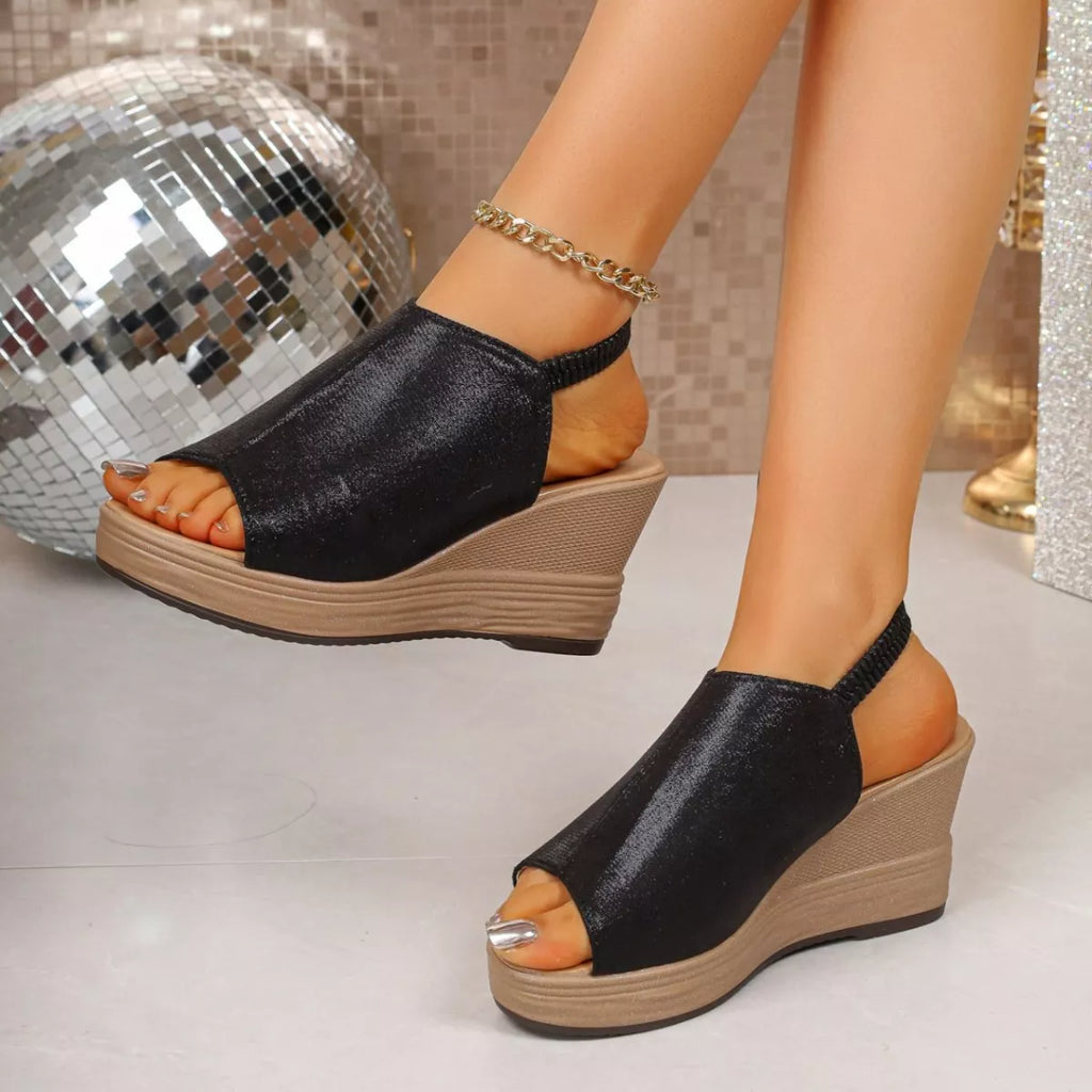 Open toe wedge sandals by Shopimist featuring tan leather straps and a cork platform sole, stylish for summer wear.
