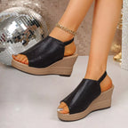 Open toe wedge sandals by Shopimist featuring tan leather straps and a cork platform sole, stylish for summer wear.