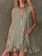 Striped zipper neck ruffle hem dress by Shopimist, featuring a stylish neckline and playful hem detail, perfect for casual wear.