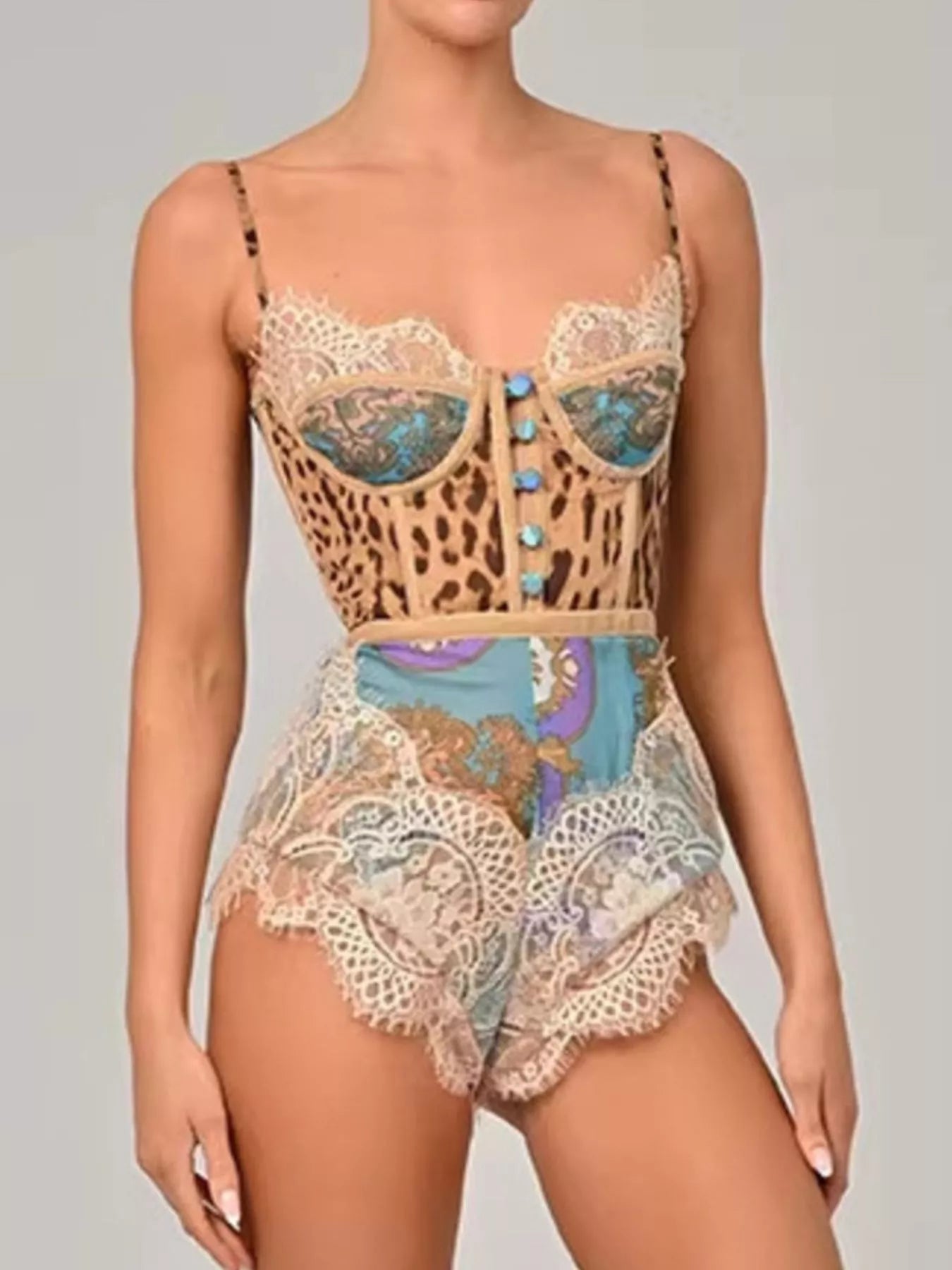 Leopard print lace trim romper jumpsuit with sleeveless design and fitted silhouette, stylish and trendy for casual wear.