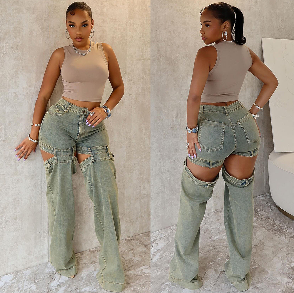 Women’s vintage washed cut-out wide-leg denim jeans by Plush Fashion Hub, showing the distressed details and relaxed fit.