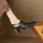 Women's British style square toe chunky heel pumps with deep vamp and studded details from Plush Fashion Hub.