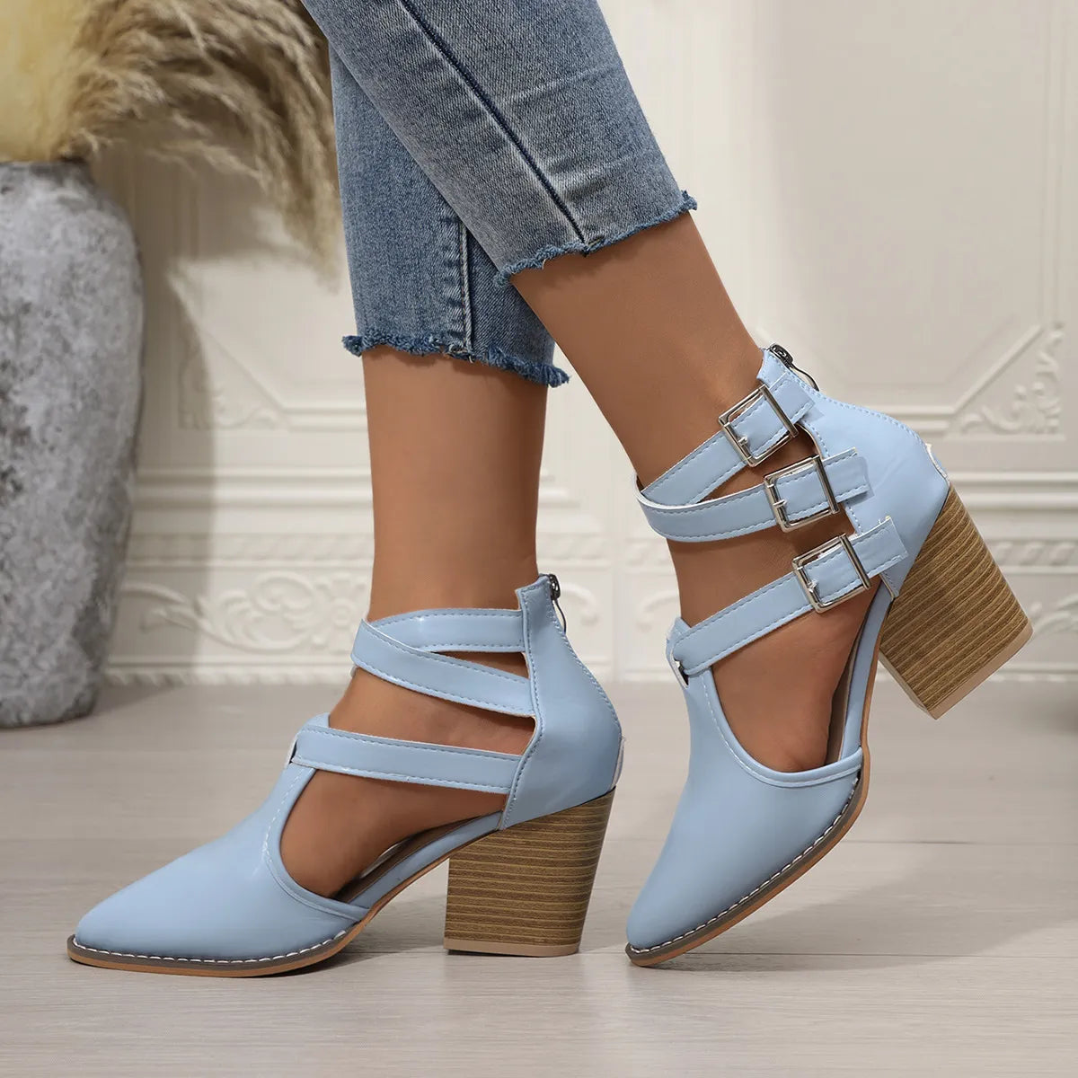 Women's point toe block heels sandals by Trendsi featuring sleek design and comfortable block heel, perfect for stylish occasions.