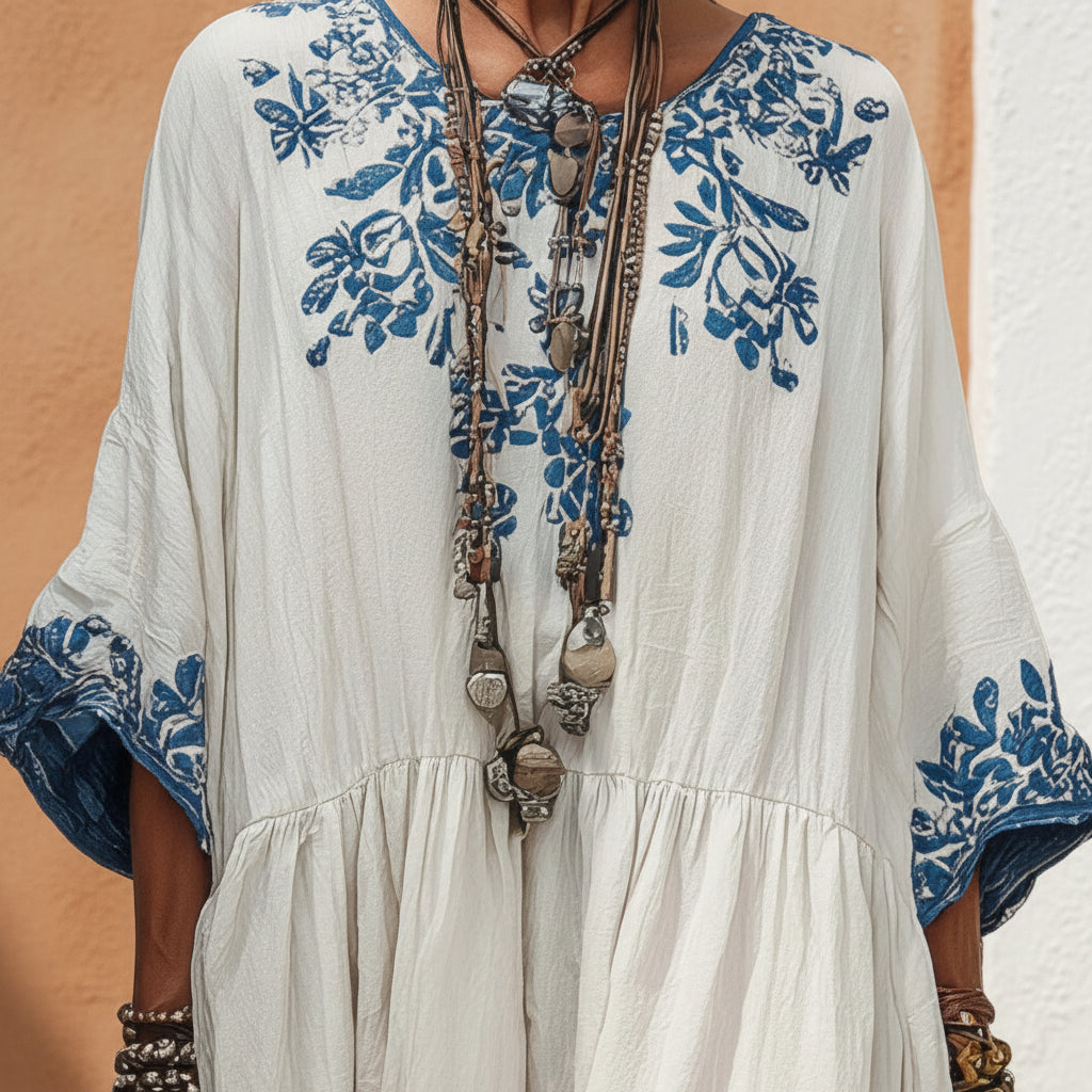 Women's printed batwing sleeve midi dress by Plush Fashion Hub, loose fit linen blend fabric, featuring a stylish and comfortable design.