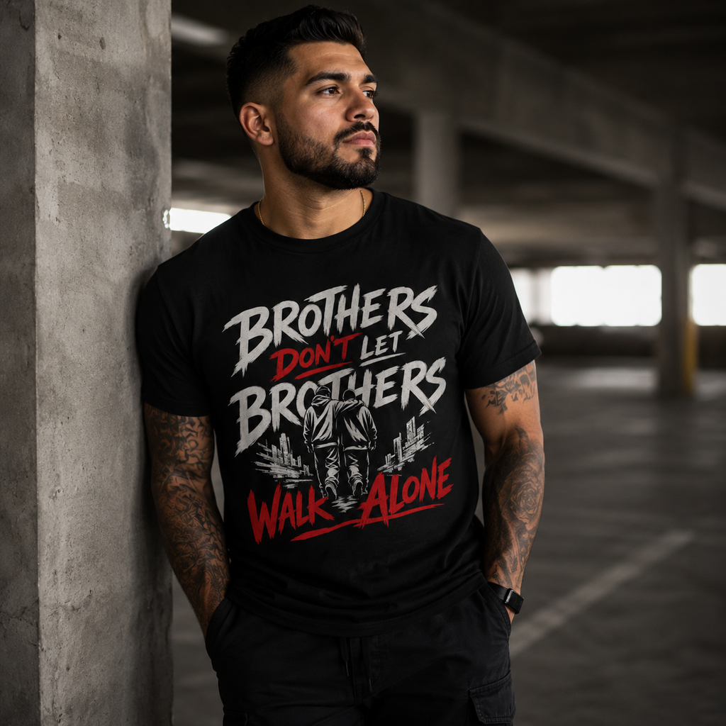 Wear Your Worship Brothers Don't Let Brothers Walk Alone T-shirt featuring a bold printed design on a comfortable cotton tee.