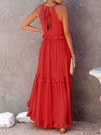 Plush Fashion Hub ruffled tiered sleeveless maxi dress with flowing fabric and layered design, perfect for summer or casual occasions.