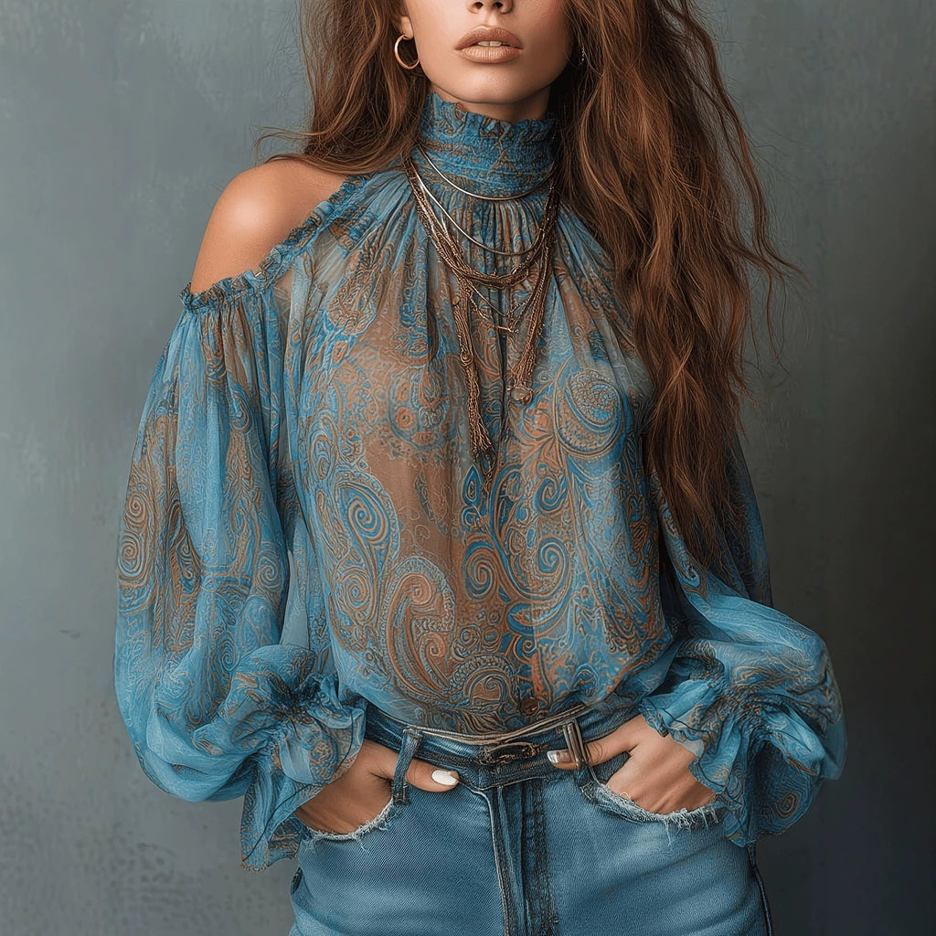Women's retro cashew print off-shoulder blouse with lantern sleeves, casualwear by Plush Fashion Hub, shown on a model.