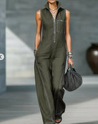 Plush Fashion Hub women's sleeveless summer jumpsuit with stand-up collar, pockets, casual style, and tapered trousers.