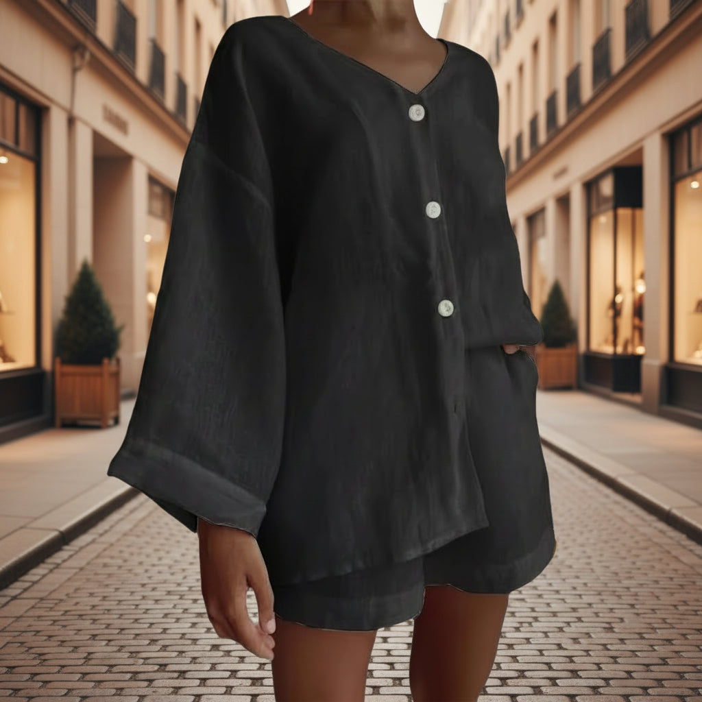Women's cotton linen shirt and shorts set by Plush Fashion Hub, featuring a long sleeve button-up top and casual matching shorts.