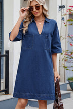 VYSN Johnny Collar half sleeve denim dress with button details and front pockets, styled for casual fashion.