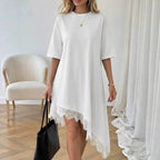 Women's lace trim asymmetric three-quarter sleeve dress by Plush Fashion Hub, featuring elegant lace details and a stylish silhouette.
