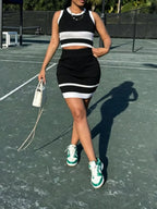 Contrast trim tank top and skirt knit set by Shopimist, featuring a coordinated look with contrasting details and soft fabric.