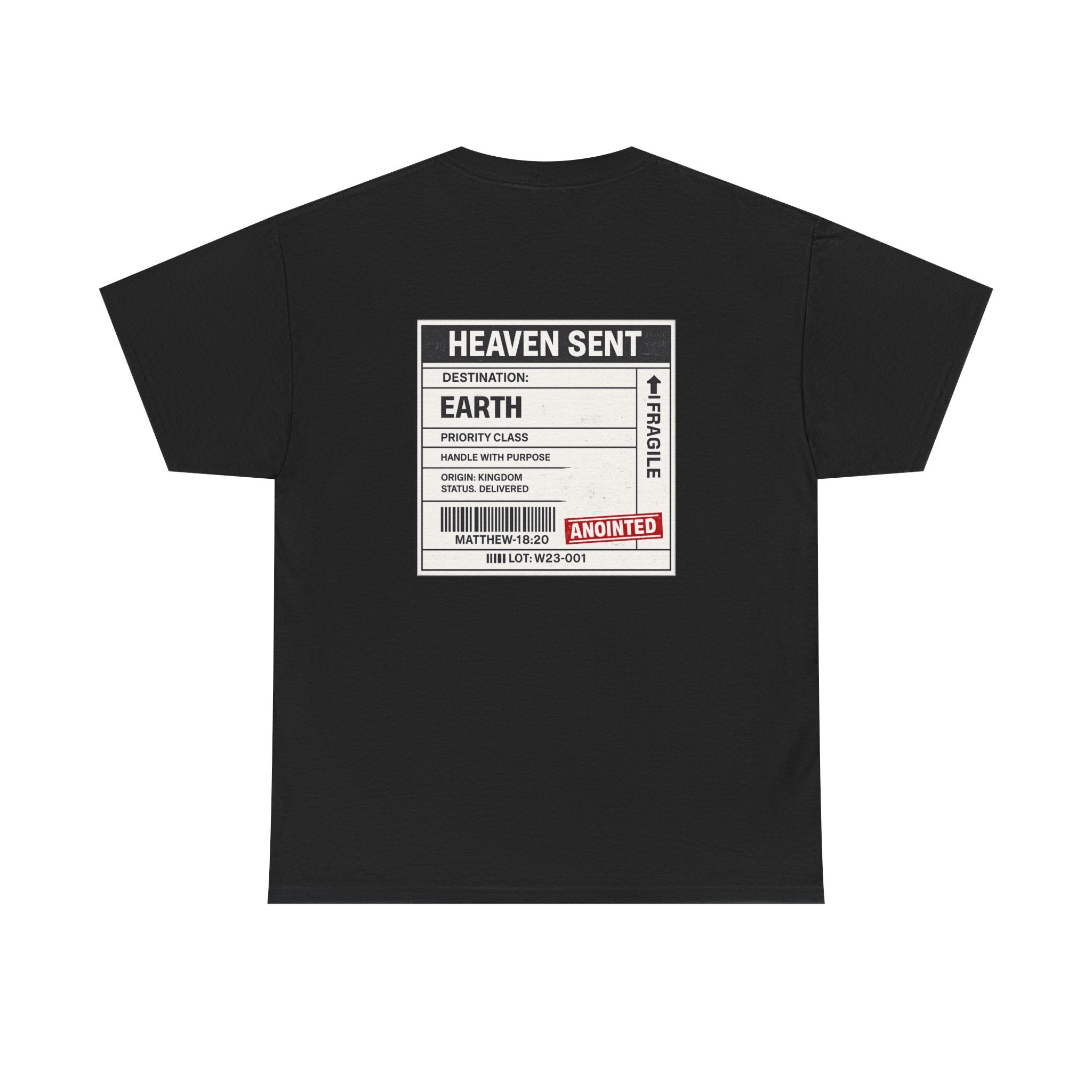Heaven Sent Christian T-shirt by Wear Your Worship featuring faith-based graphic design and back label detail.