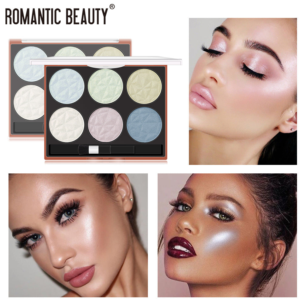 Romantic Beauty highlighter palette with six shimmering pastel pans, including blue, green, and pink shades.