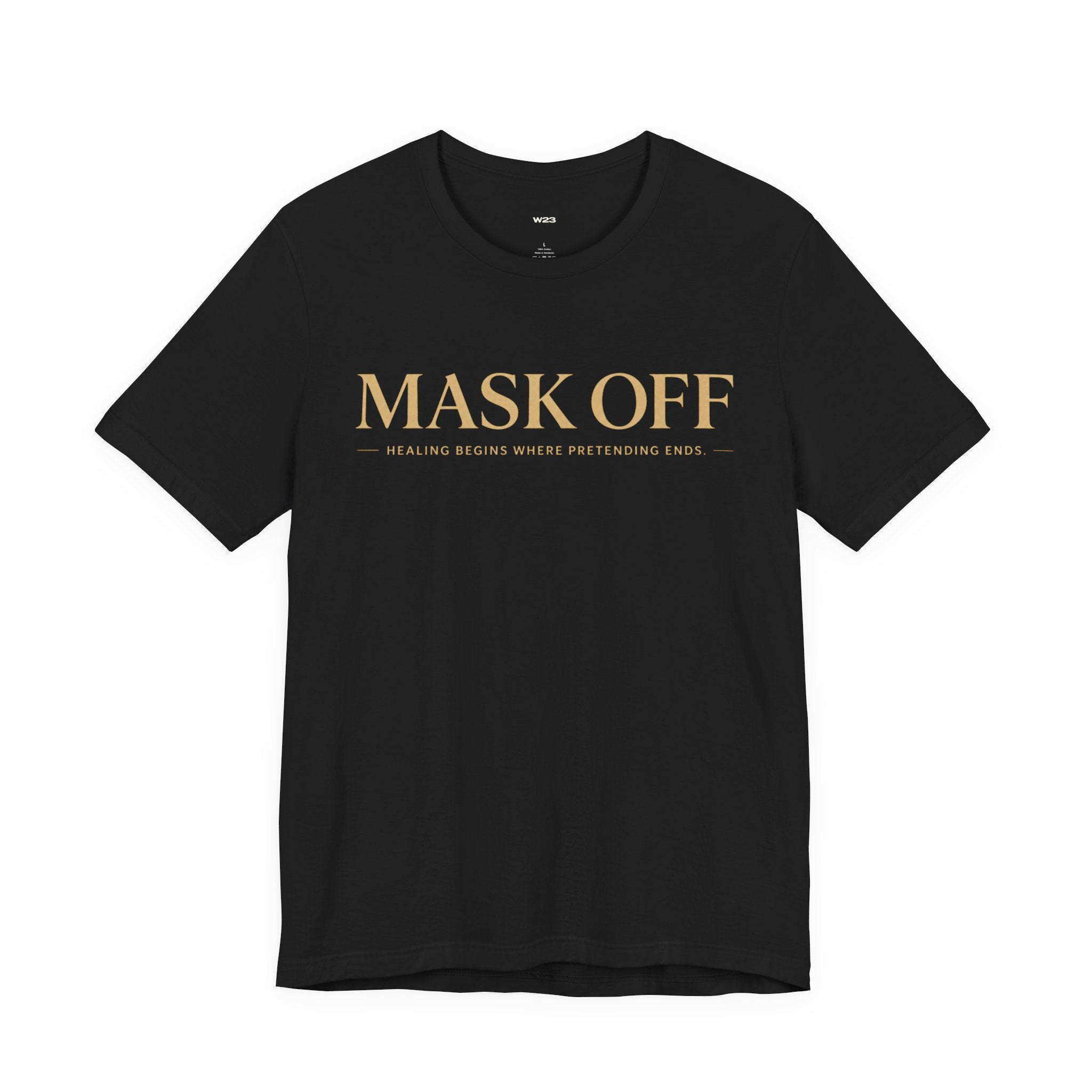 Wear Your Worship Mask Off Tee, unisex black T-shirt from the SEEN: Unmasked Collection featuring bold graphic print.