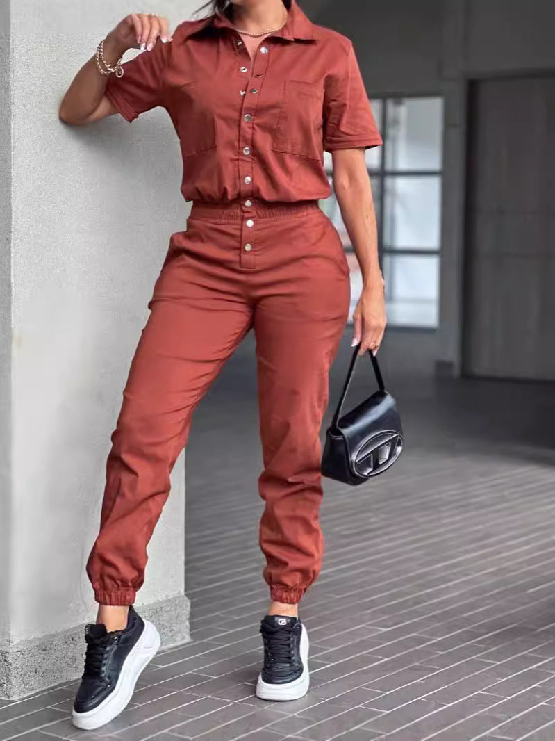 Casual women's ankle-tied jumpsuit with collar, pockets, elastic waist, and button details, from Plush Fashion Hub.