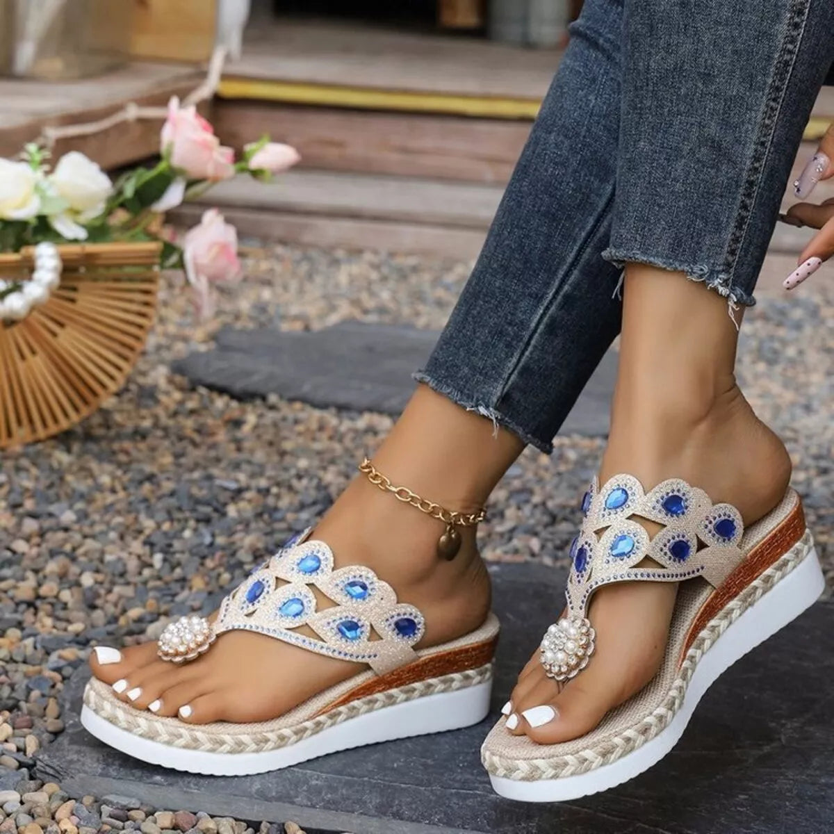 Shopimist toe post wedge sandals with cork heels and tan straps, perfect for summer casual wear.