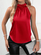 Bella Mia summer satin vest for women, solid color off-shoulder halter sleeveless top, stylish and lightweight for warm weather.