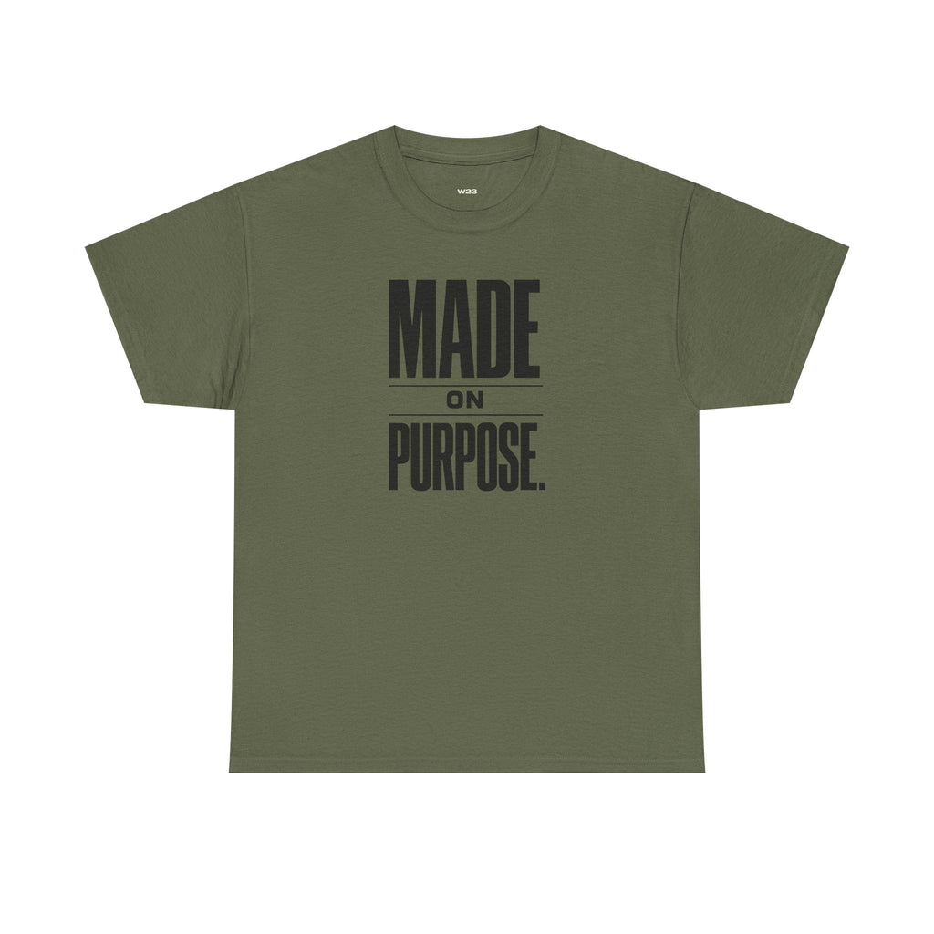 Wear Your Worship Made on Purpose streetwear graphic T-shirt with bold minimal statement design, unisex faith-inspired apparel.