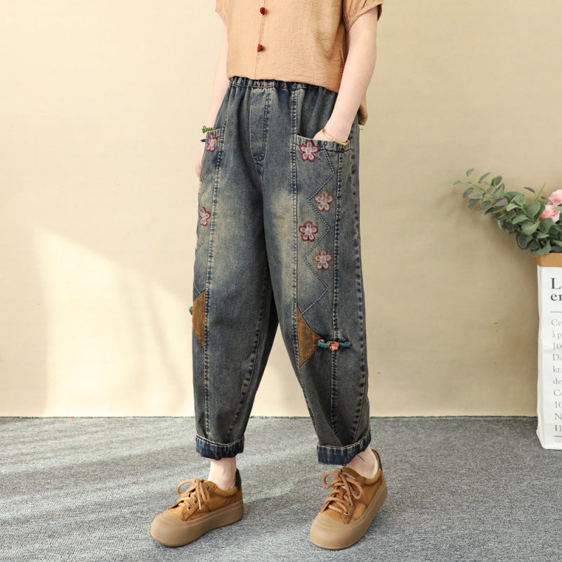 Patchwork embroidered cropped harem pants by Plush Fashion Hub, women's high waist wide-leg denim casualwear with colorful embroidery details.