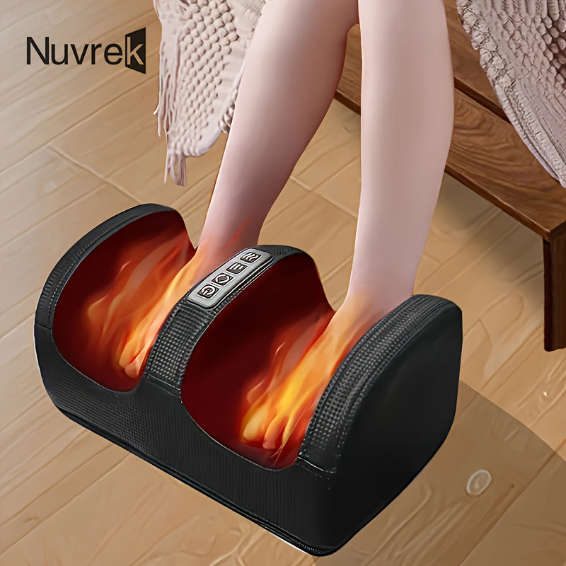 Plush Fashion Hub foot massager with heat, designed for improved circulation and relaxation, showing the device on a wooden floor.