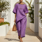 Women's casual resort loose short-sleeve top and pants set from Plush Fashion Hub, featuring relaxed fit and comfortable fabric.