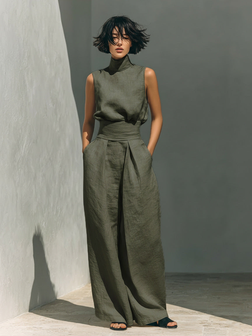 Women’s casual two-piece set by FitiqueFit featuring a sleeveless top and wide-leg pants, shown in a relaxed fit and neutral color.