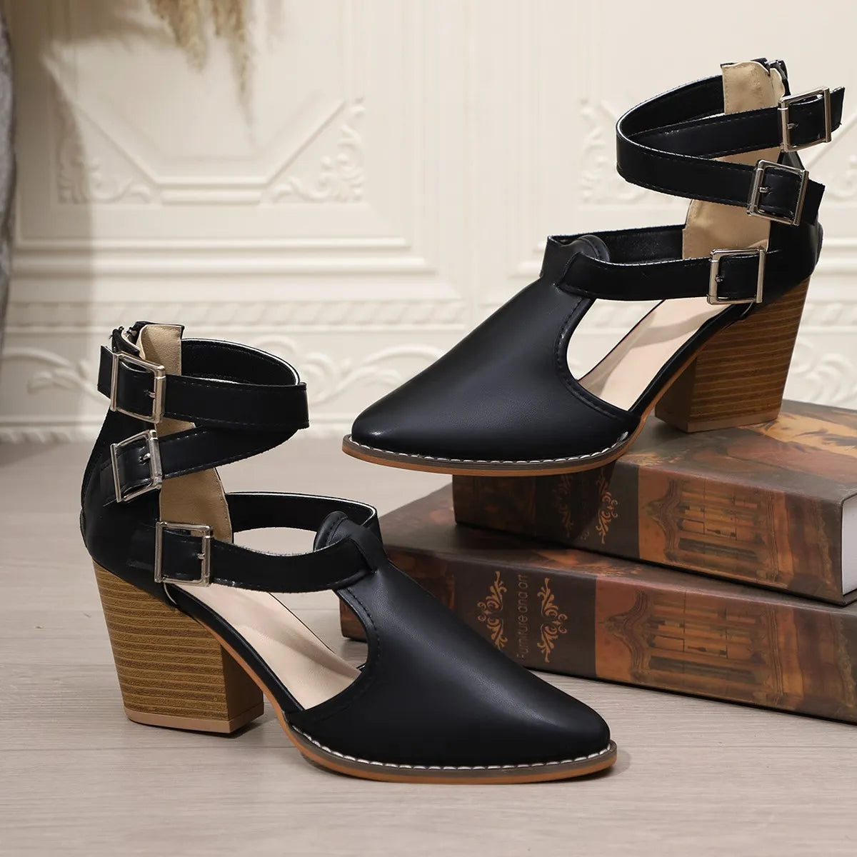 Women's point toe block heel sandals by Trendsi featuring stylish open-toe design and chunky heel for elegant summer wear.