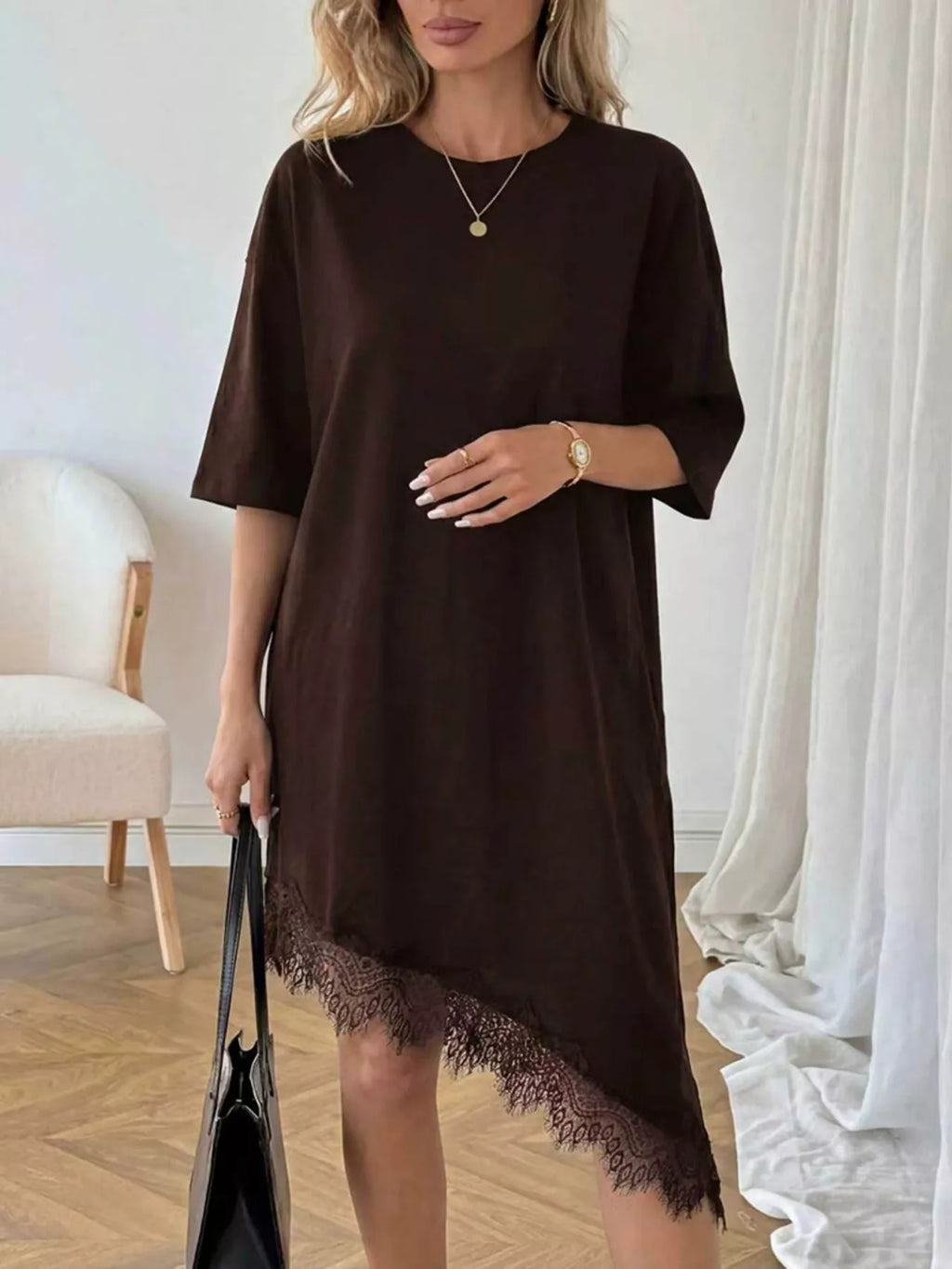 Lace trim asymmetrical hem T-shirt dress by Shopimist, featuring a casual fit with decorative lace details on the hem.