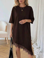Lace trim asymmetrical hem T-shirt dress by Shopimist, featuring a casual fit with decorative lace details on the hem.
