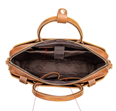 Crazy Horse Leather men's briefcase by Plush Fashion Hub, showcasing a rugged leather handbag with sturdy handles and classic design.