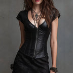 Women's Faux Leather Boned Corset Top – Zip-Front Deep V-Neck Waist Cinching Cap Sleeve