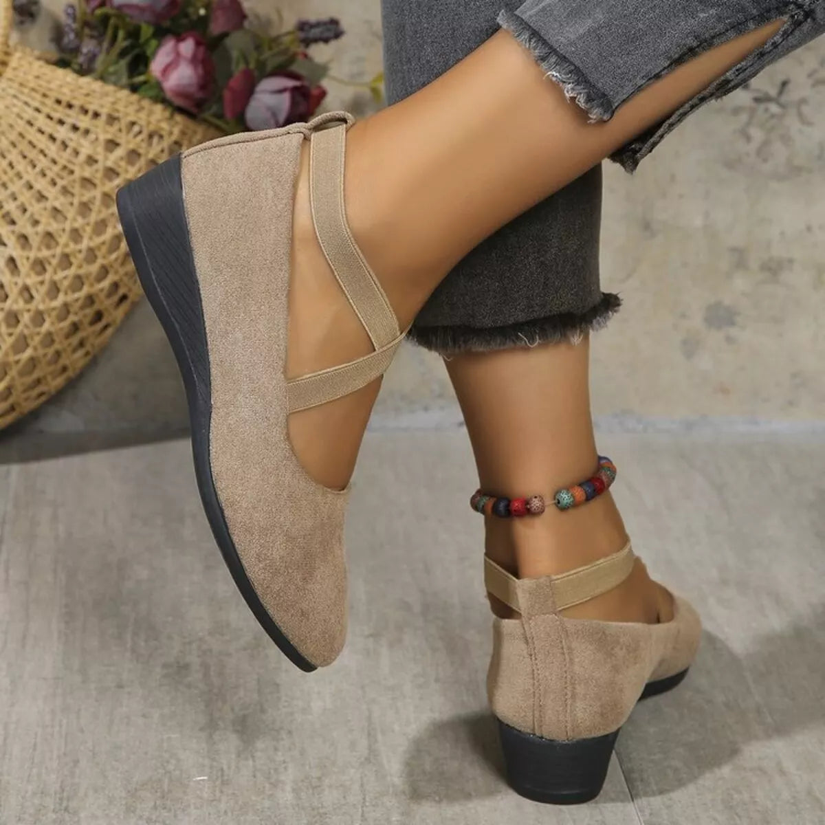 Round toe wedge loafers in neutral color, trendy footwear by Trendsi featuring comfortable slip-on design and stylish wedge heel.