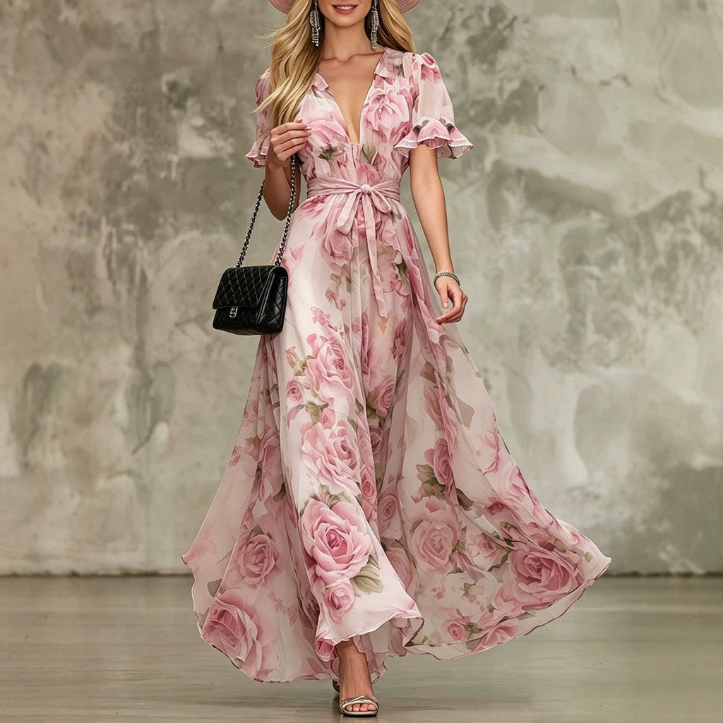 Women's deep V-neck ruffle sleeve printed maxi dress by FitiqueFit, featuring a high waist and flowing fabric.